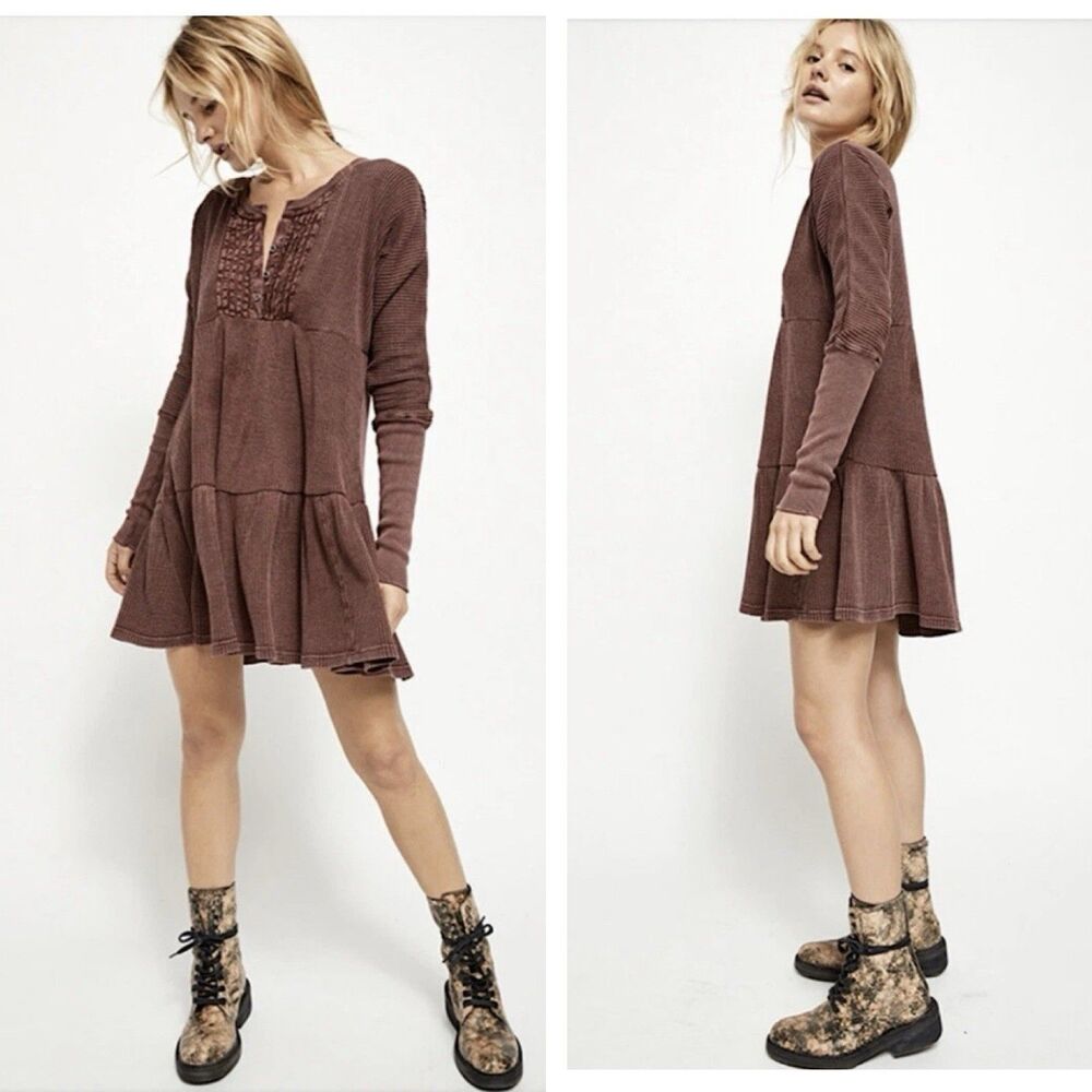 Free People F P One Jolene Thermal Mini Dress Dusty Plum Sz L Boho Cottagecore